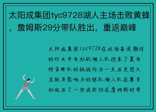 太阳成集团tyc9728湖人主场击败黄蜂，詹姆斯29分带队胜出，重返巅峰